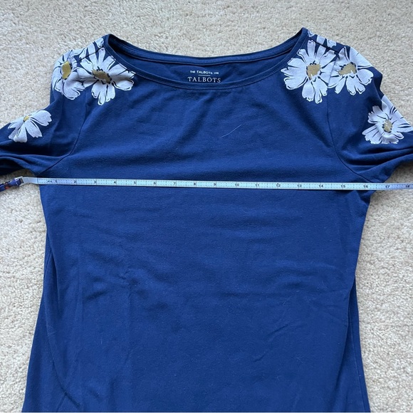 Talbots Tee Blue Shirt w/ Daisy Print 3/4 Sleeves - Size XS - VGUC - Stretch - Picture 5 of 5